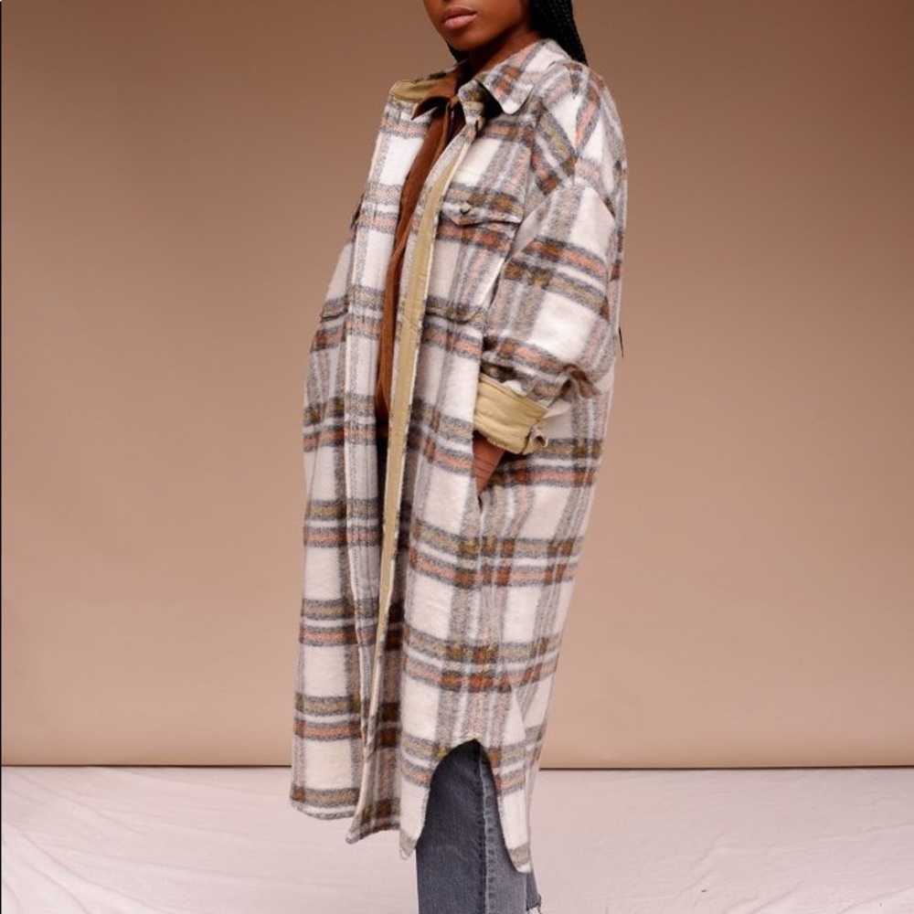 Plaid wool long shirt jacket